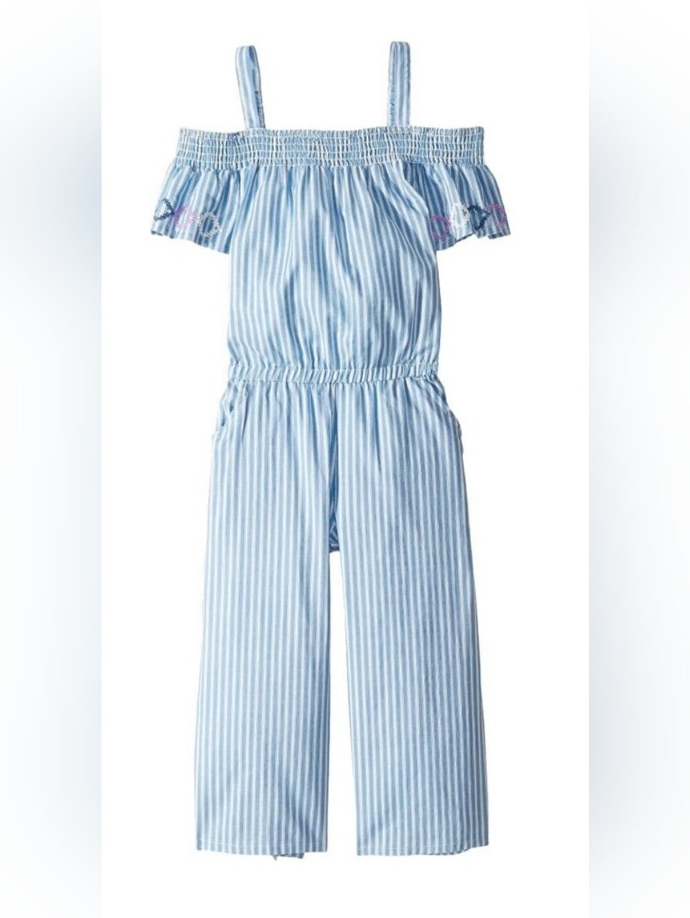 Lucky Brand Blue & White Striped Off-Shoulder Girls' Jumpsuit